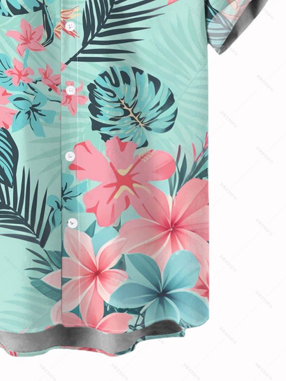 Chemise de vacances pour homme à imprimé floral tropical et feuilles, boutonnée - Vert clair 5XL