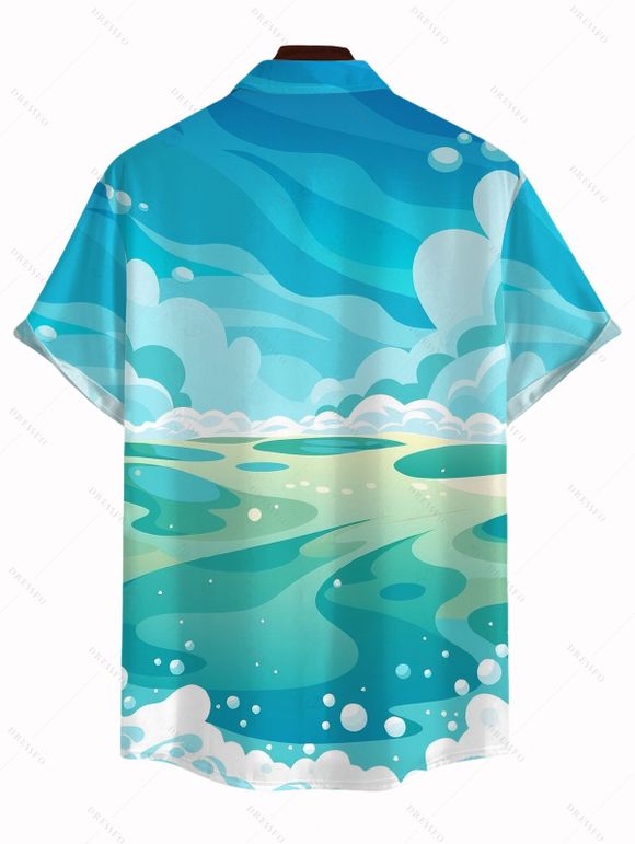 Chemise de vacances pour homme, imprimé paysage de plage et cocotiers, à boutons - Bleu clair M