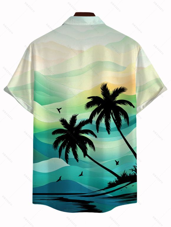 Chemise de vacances pour homme, imprimé paysage de montagne et cocotiers, à boutons - Vert clair 5XL