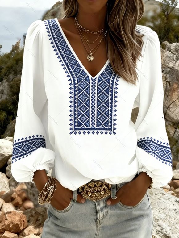 Chemise ethnique à imprimé géométrique, col en V et manches lanternes - Blanc XXXXXL | US 20