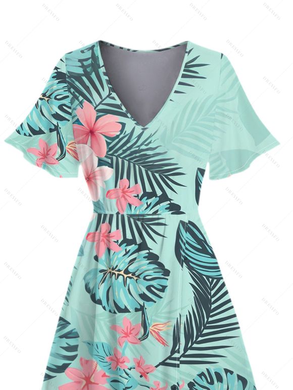 Robe de vacances imprimée de feuilles tropicales et de fleurs, col en V et fente - Vert clair XXL | US 14
