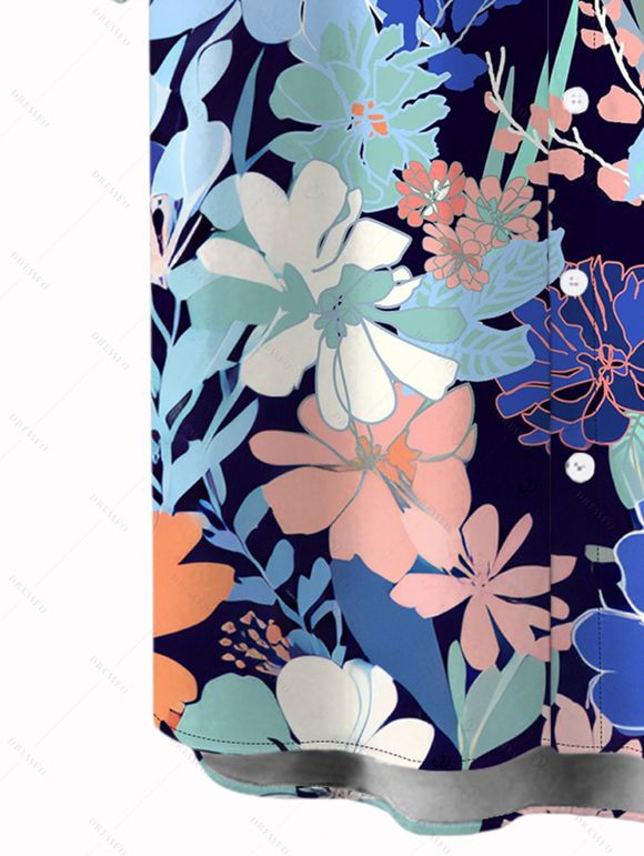 Chemise de vacances pour homme à motif floral intégral, boutonnée - Bleu profond 5XL