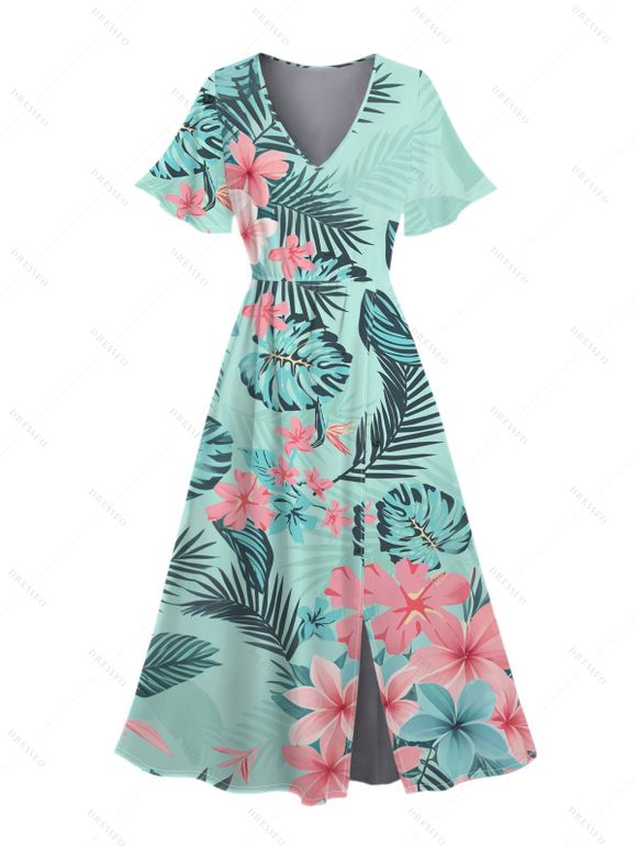 Vacation Couple Outfit Tropical Leaf Floral Print Slit Dress and Shirt Set - Vert clair S | US 4