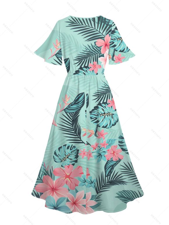 Vacation Couple Outfit Tropical Leaf Floral Print Slit Dress and Shirt Set - Vert clair S | US 4