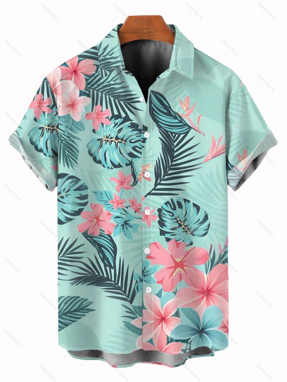 Vacation Couple Outfit Tropical Leaf Floral Print Slit Dress and Shirt Set - Vert clair S | US 4