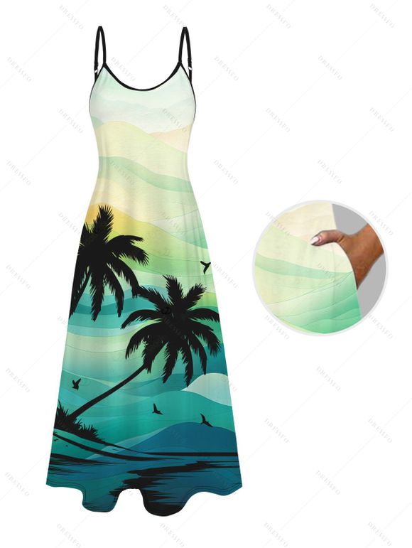 Vacation Couple Outfit Coconut Tree Mountain Landscape Print Dress and Shirt Set - Vert clair S | US 4