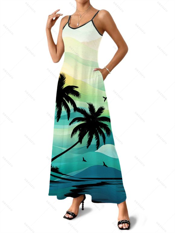Vacation Couple Outfit Coconut Tree Mountain Landscape Print Dress and Shirt Set - Vert clair S | US 4