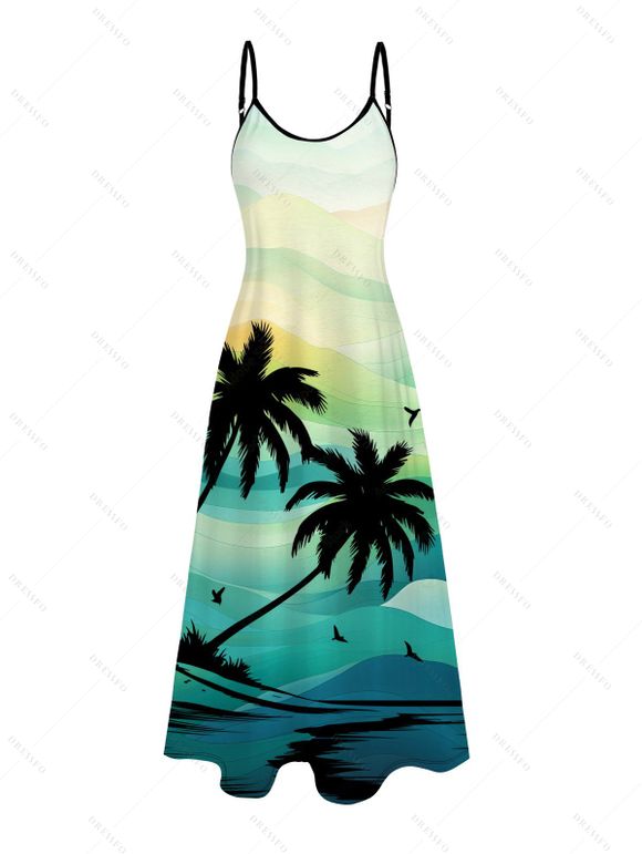 Vacation Couple Outfit Coconut Tree Mountain Landscape Print Dress and Shirt Set - Vert clair S | US 4