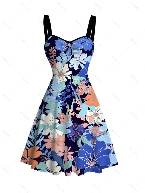 Vacation Couple Outfit Allover Flower Pattern Ruched Dress and Shirt Set - Bleu profond S | US 4