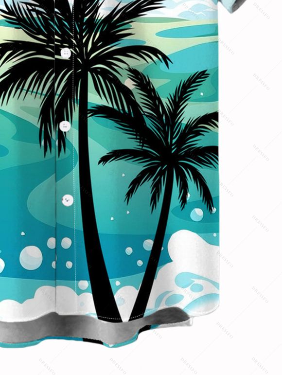 Vacation Couple Outfit Coconut Tree Beach Landscape Print Ruched Dress and Shirt Set - Bleu clair S | US 4