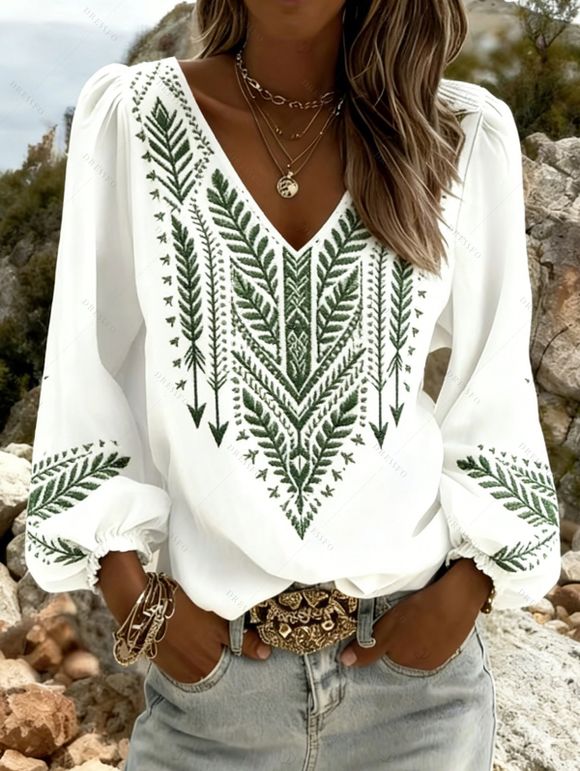 Chemise vintage à imprimé ethnique flèche, col en V et manches lanternes - Vert clair XXXXXL | US 20