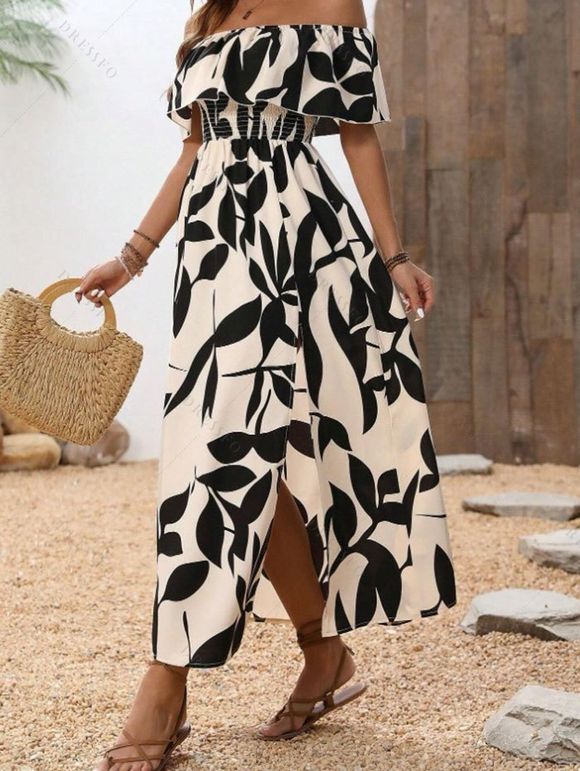 Robe de vacances à motif de feuilles, épaules dénudées et fente - Noir XL | US 10