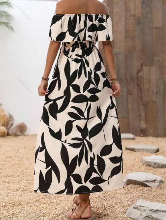 Robe de vacances à motif de feuilles, épaules dénudées et fente - Noir XL | US 10