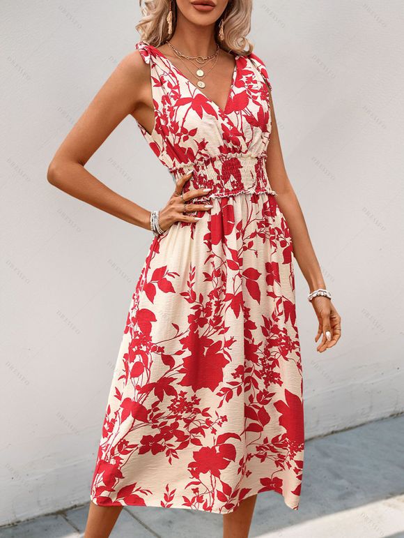 Robe de vacances imprimée érable, nœud papillon, robe midi cache-cœur - Rouge XL | US 10