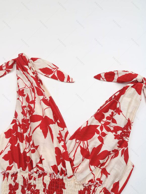 Robe de vacances imprimée érable, nœud papillon, robe midi cache-cœur - Rouge XL | US 10