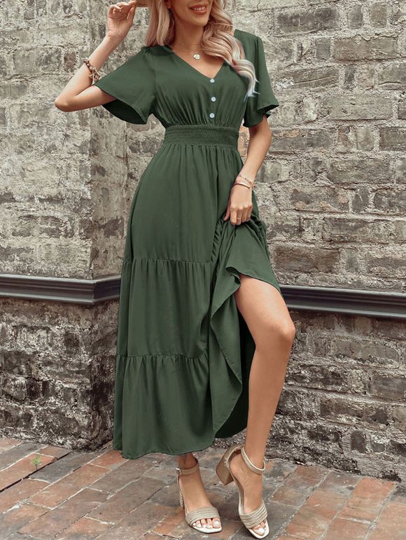 Robe de vacances unie à faux boutons et col en V, robe fatiguée - Vert Armée XL | US 10