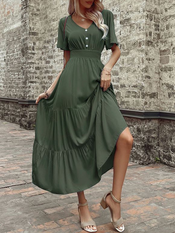 Robe de vacances unie à faux boutons et col en V, robe fatiguée - Vert Armée XL | US 10