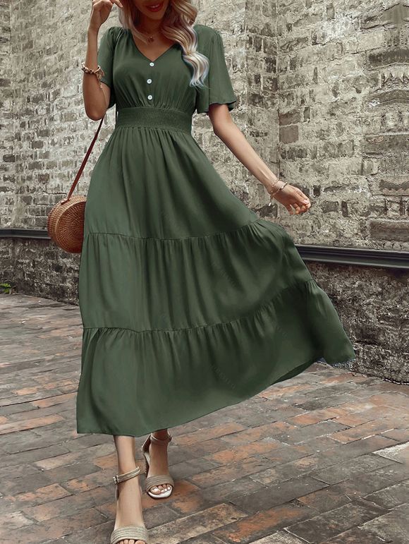 Robe de vacances unie à faux boutons et col en V, robe fatiguée - Vert Armée XL | US 10