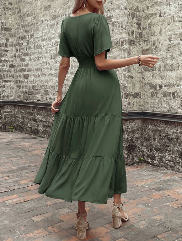 Robe de vacances unie à faux boutons et col en V, robe fatiguée - Vert Armée XL | US 10