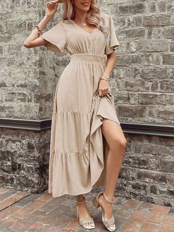 Robe de vacances unie à faux boutons et col en V, robe fatiguée - café lumière M | US 6