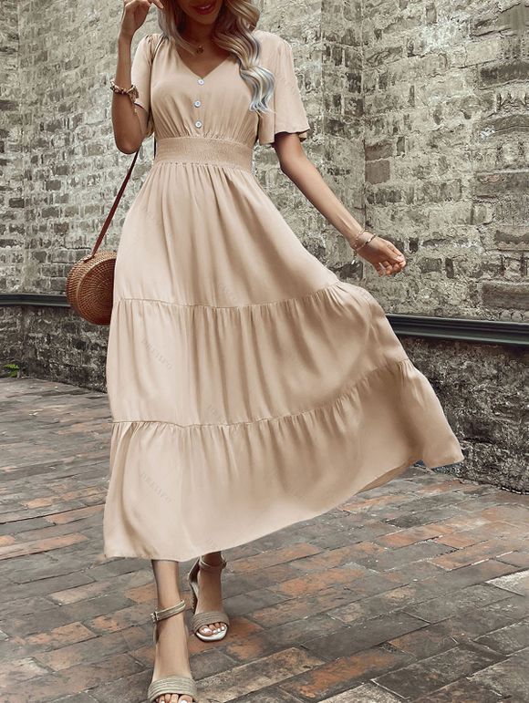 Robe de vacances unie à faux boutons et col en V, robe fatiguée - café lumière M | US 6