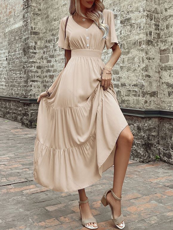 Robe de vacances unie à faux boutons et col en V, robe fatiguée - café lumière M | US 6