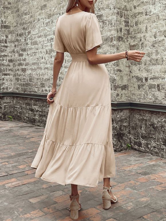 Robe de vacances unie à faux boutons et col en V, robe fatiguée - café lumière M | US 6