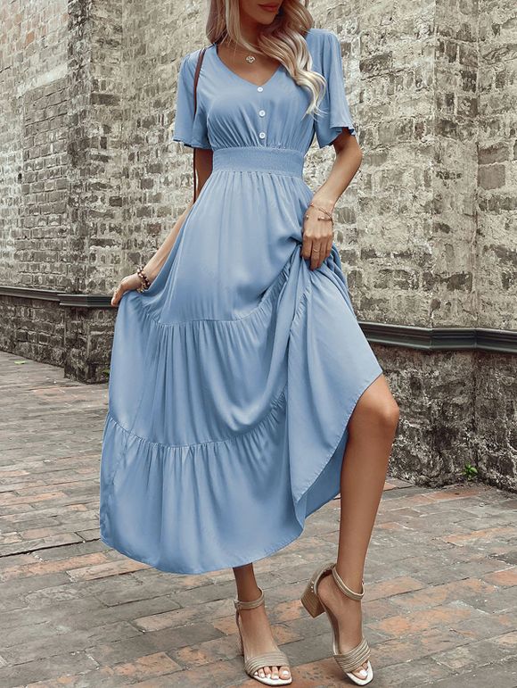 Robe de vacances unie à faux boutons et col en V, robe fatiguée - Bleu clair XL | US 10