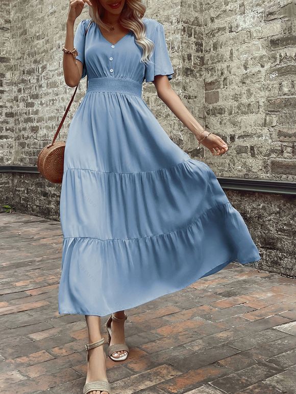 Robe de vacances unie à faux boutons et col en V, robe fatiguée - Bleu clair XL | US 10