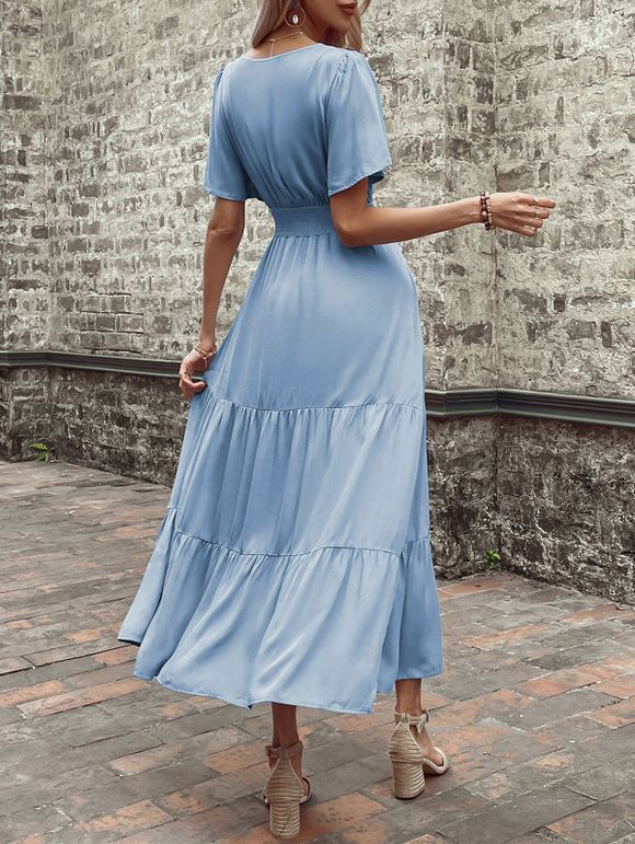 Robe de vacances unie à faux boutons et col en V, robe fatiguée - Bleu clair XL | US 10