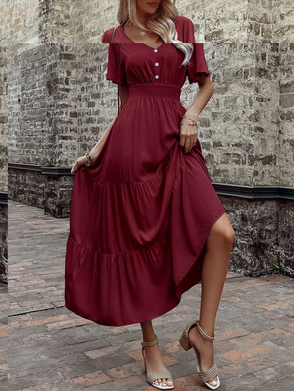 Robe de vacances unie à faux boutons et col en V, robe fatiguée - Rouge Vineux S | US 4
