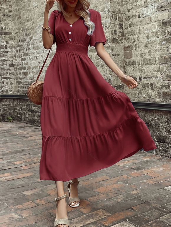 Robe de vacances unie à faux boutons et col en V, robe fatiguée - Rouge Vineux S | US 4