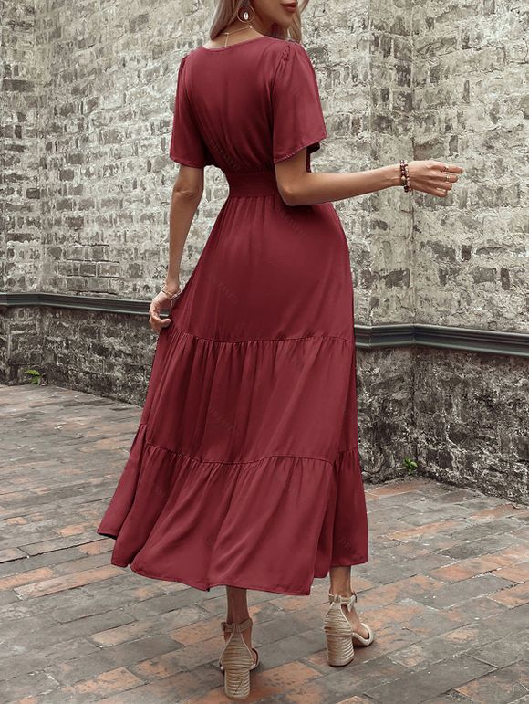 Robe de vacances unie à faux boutons et col en V, robe fatiguée - Rouge Vineux S | US 4