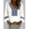Chemise ethnique à imprimé géométrique, col en V et manches lanternes - Blanc XXXXXL | US 20