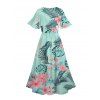 Robe de vacances imprimée de feuilles tropicales et de fleurs, col en V et fente - Vert clair XXL | US 14