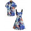 Vacation Couple Outfit Allover Flower Pattern Ruched Dress and Shirt Set - Bleu profond S | US 4