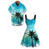 Vacation Couple Outfit Coconut Tree Beach Landscape Print Ruched Dress and Shirt Set - Bleu clair S | US 4