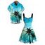 Vacation Couple Outfit Coconut Tree Beach Landscape Print Ruched Dress and Shirt Set - Bleu clair S | US 4