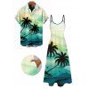 Vacation Couple Outfit Coconut Tree Mountain Landscape Print Dress and Shirt Set - Vert clair S | US 4