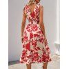 Robe de vacances imprimée érable à nœud papillon, robe midi cache-cœur - Rouge L | US 8