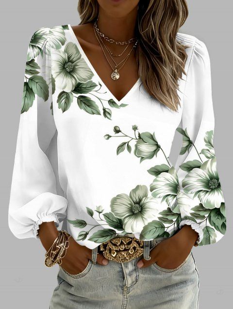 T-shirt de vacances imprimé boutons de fleurs, col en V, manches lanternes