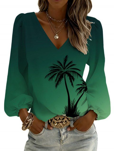 T-shirt de vacances imprimé ombré cocotier, col V, manches lanternes