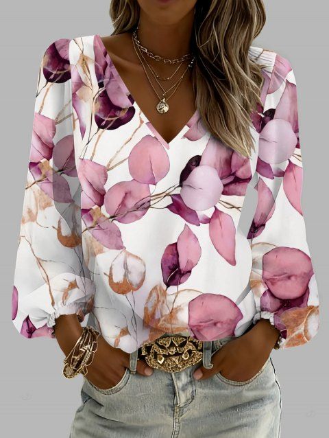 T-shirt de vacances à imprimé feuilles colorées, col en V et manches lanternes