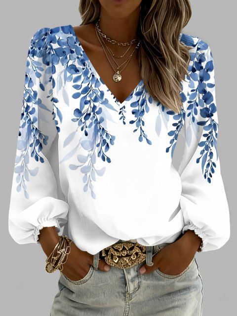 Vacation Shirt Leaf Print V Neck Lantern Sleeve Top