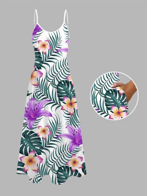 Robe de vacances à imprimé lys et feuilles tropicales, bretelles spaghetti, longue