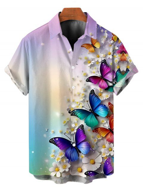 Chemise de vacances pour homme, imprimé floral papillon ombré, boutonnée