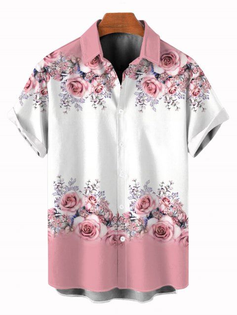 Chemise de vacances pour homme, chemise boutonnée à imprimé rose et feuilles colorblock