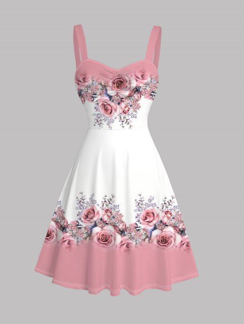 Robe de vacances à imprimé rose et feuilles colorblock, robe froncée