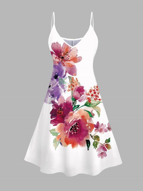 Robe de vacances à imprimé floral et feuilles colorées, bretelles spaghetti