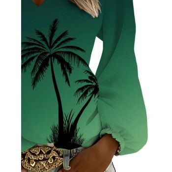Vacation Shirt Ombre Coconut Tree Print V Neck Lantern Sleeve Top